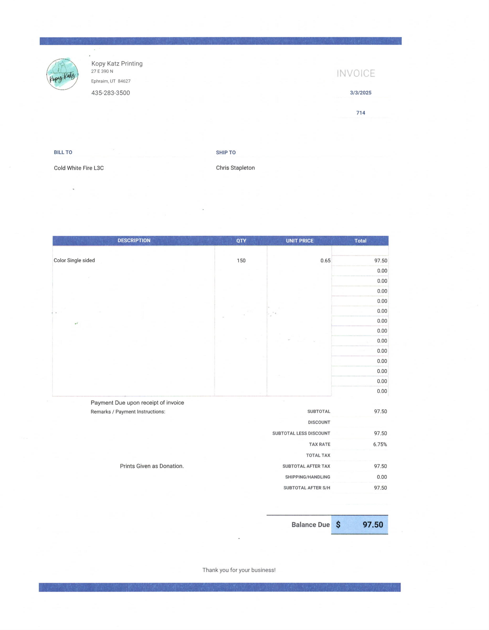 Susie James Donation Invoice